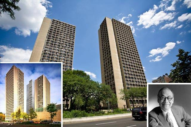 Photograph of Silver Towers by Tien Mao, with inset rendering of NYU's tower from Grimshaw Architects and inset photograph of I.M. Pei from his firm's website